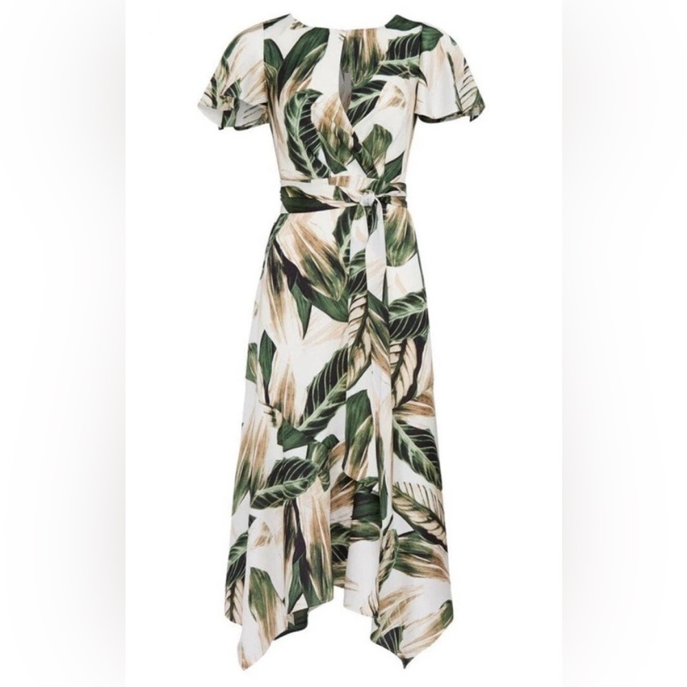 Great Jones Tropical Leaf Print Midi Dress Green Ivory Asymmetrical Hem Size 4 - Picture 2 of 13